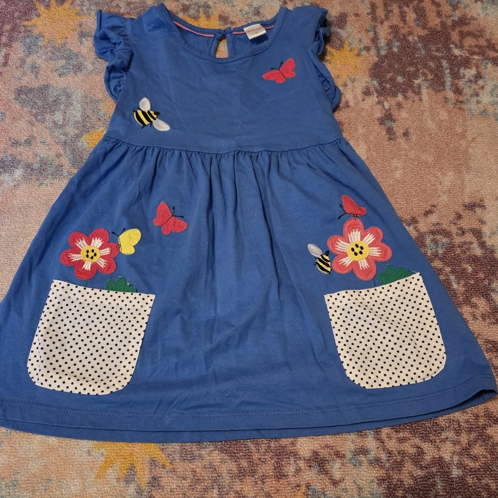 Charming Blue Kids Dress with Floral and Butterfly Accents